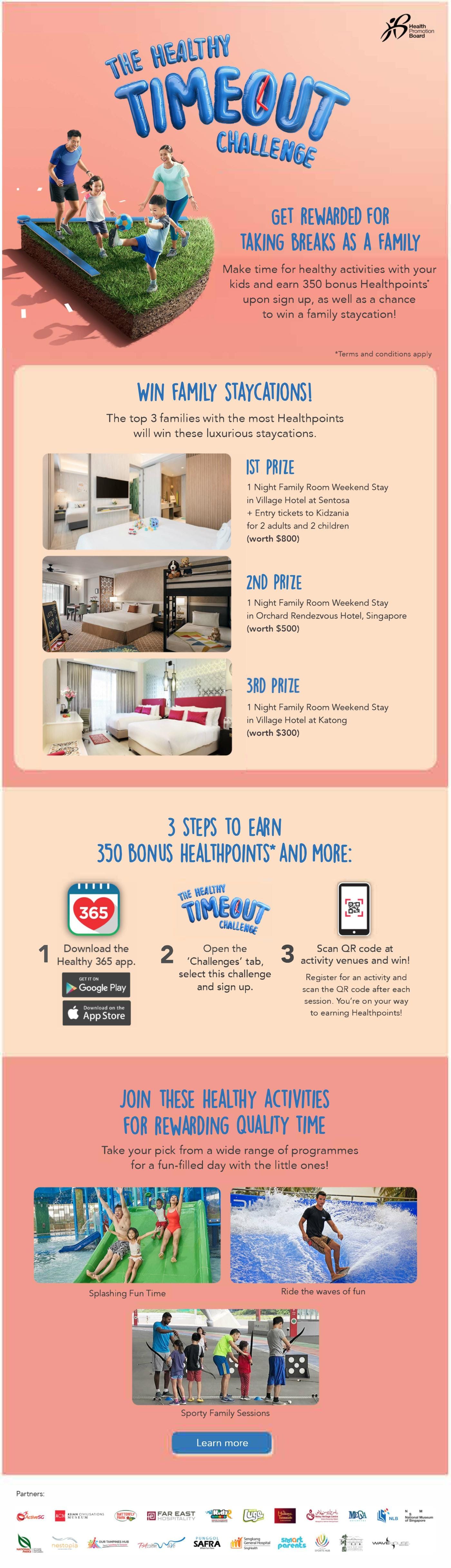 Promotional flyer for the Healthy Timeout Challenge by Health Promotion Board, showing family activities, hotel prizes, and app steps.